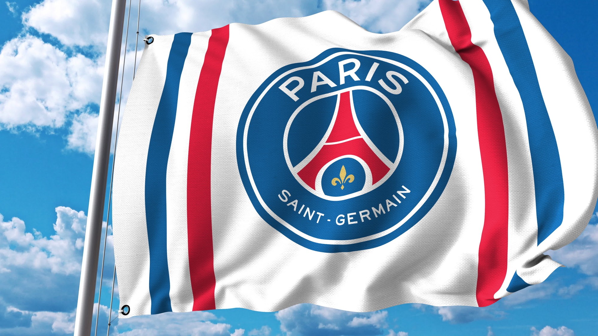 Waving flag with Paris Saint Germain football team logo. Editorial 3D
