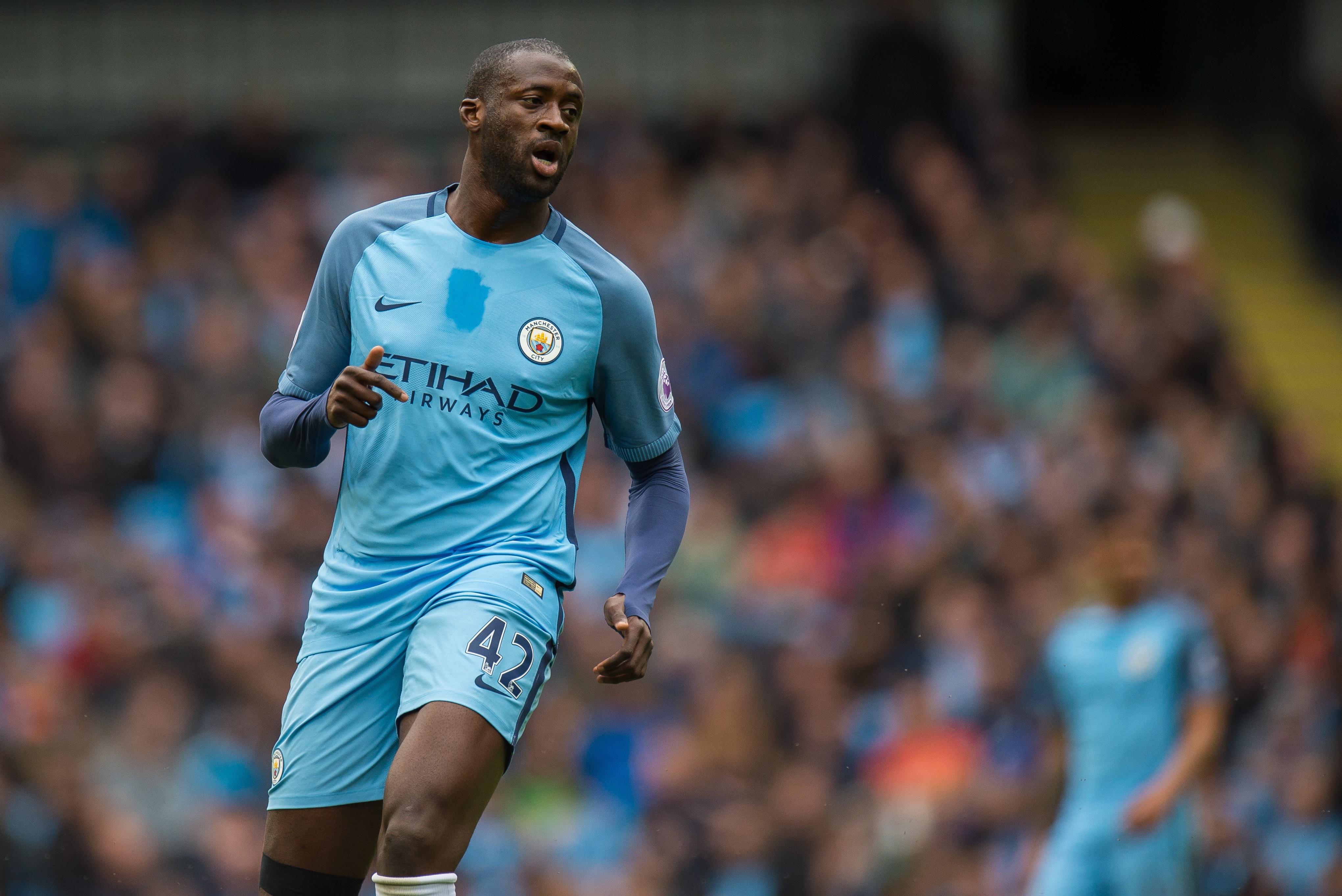 epa05961092 Manchester City's Yaya Toure reacts during the English Premier League soccer match between Manchester City and Leicester City held at the Etihad Stadium, Manchester, Britain, 13 May 2017. EPA/PETER POWELL EDITORIAL USE ONLY. No use with unauthorized audio, video, data, fixture lists, club/league logos or 'live' services. Online in-match use limited to 75 images, no video emulation. No use in betting, games or single club/league/player publications