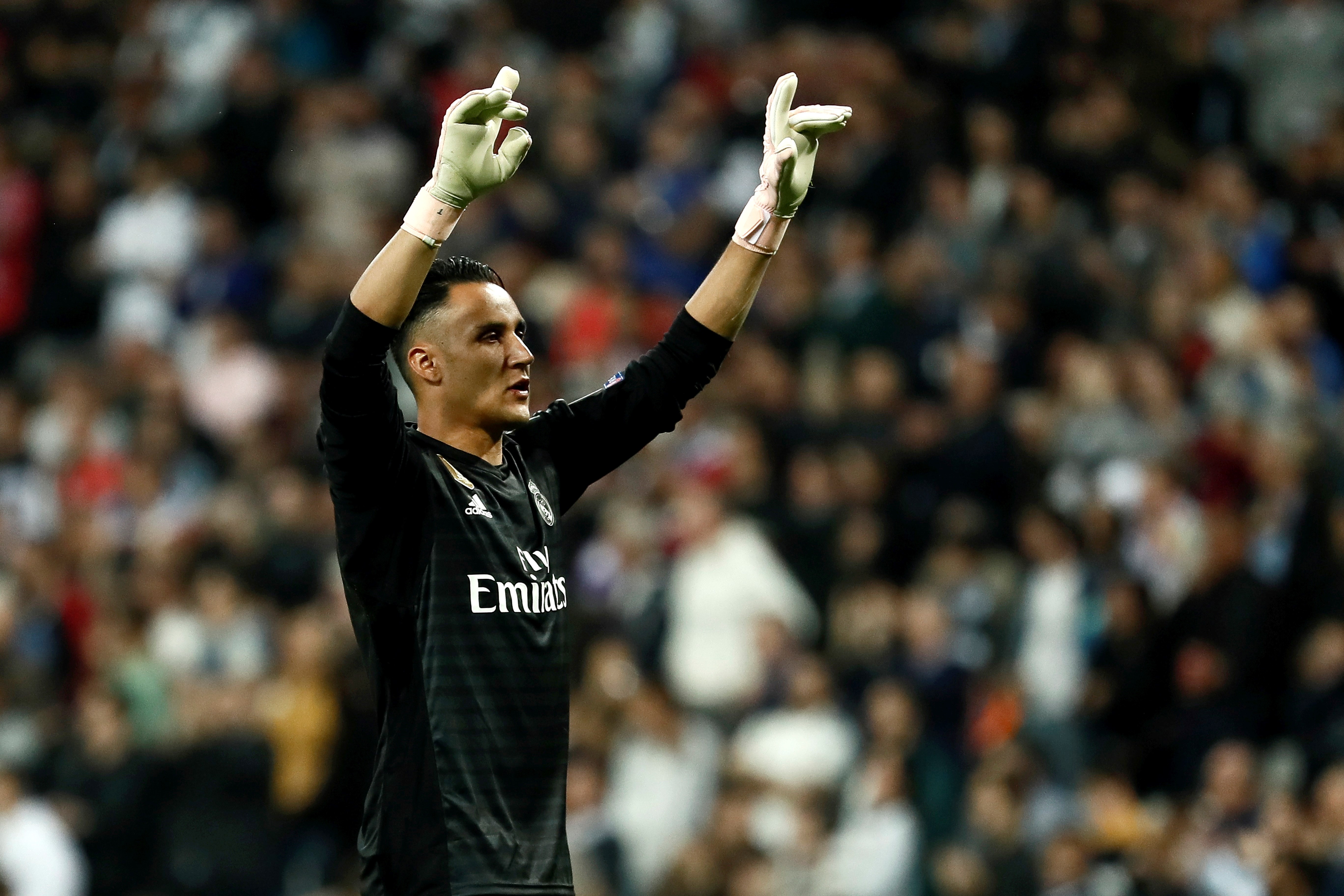 epa07114704 Real Madrid's goalkeeper Keylor Navas celebrates the 2-0 during the UEFA Champions League group G soccer match between Real Madrid and Viktoria Plzen at Santiago Bernabeu Stadium in Madrid, Spain, 23 October 2018. EPA-EFE/Mariscal