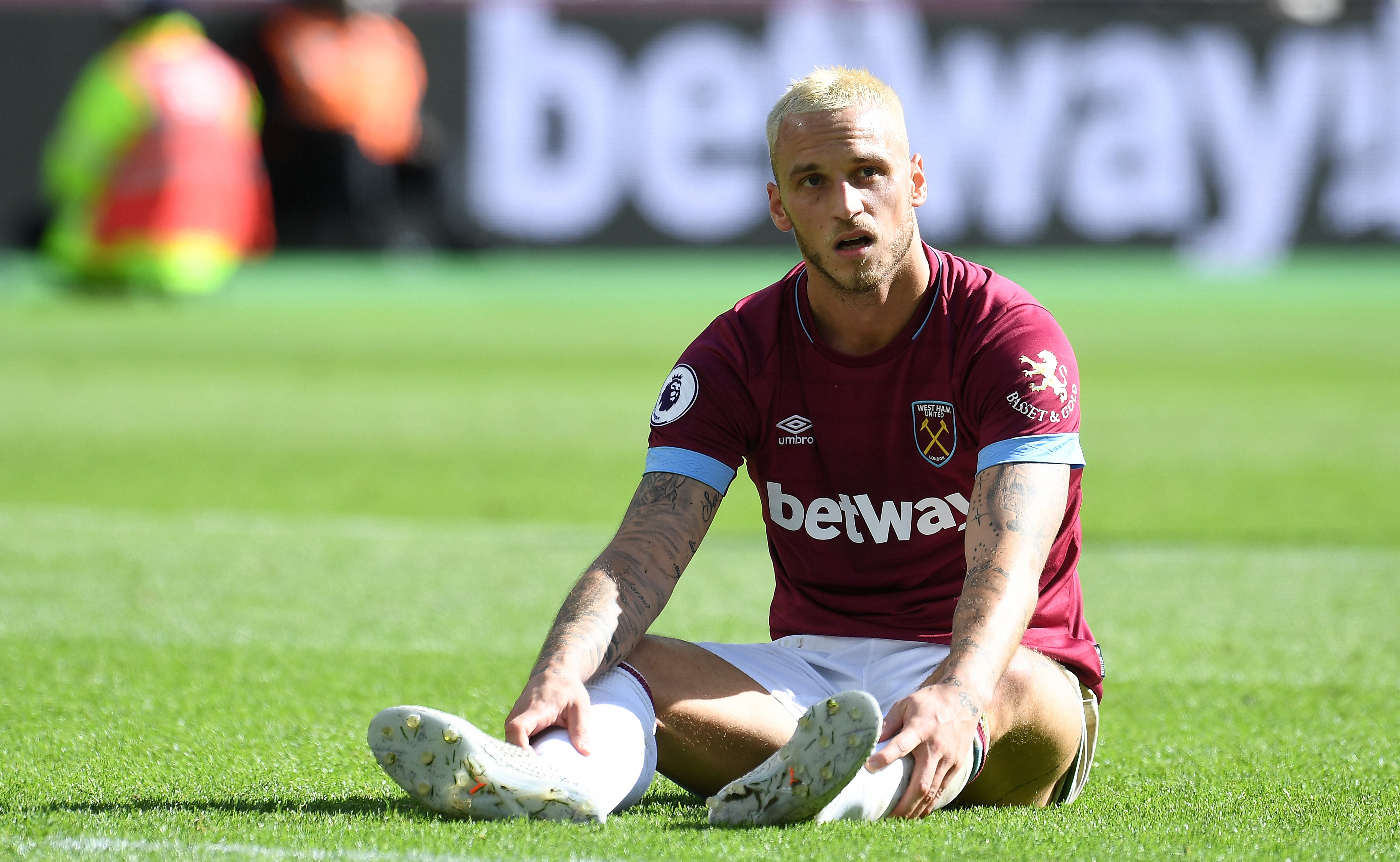 epa07056451 West Ham United's Marko Arnautovic reacts during the English Premier League soccer match between West Ham United and Manchester United in Stratford, east London, Britain, 29 September 2018. EPA-EFE/ANDY RAIN EDITORIAL USE ONLY. No use with unauthorized audio, video, data, fixture lists, club/league logos or 'live' services. Online in-match use limited to 75 images, no video emulation. No use in betting, games or single club/league/player publications