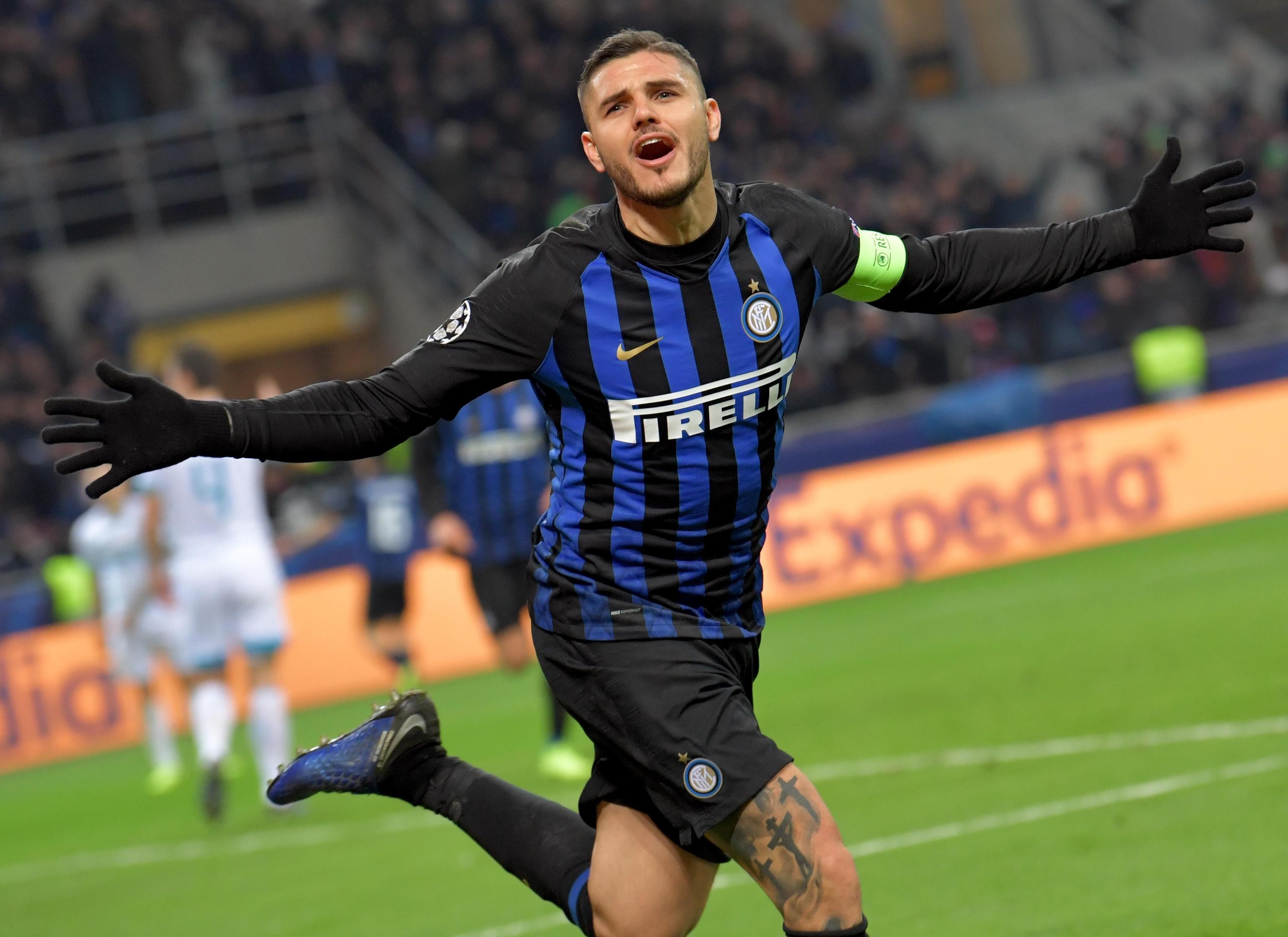 epa07224707 Inter's Mauro Emanuel Icardi celebrates after scoring during the UEFA Champions League group B soccer match between Inter and Psv Eindhoven at the 'Giuseppe Meazza' stadium in Milan, Italy, 11 December 2018. EPA-EFE/DANIEL DAL ZENNARO